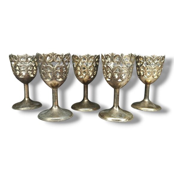 Vintage Shot Cordial Glass Holders Ornate Filigree Metal Stem Japan Made - Picture 1 of 7